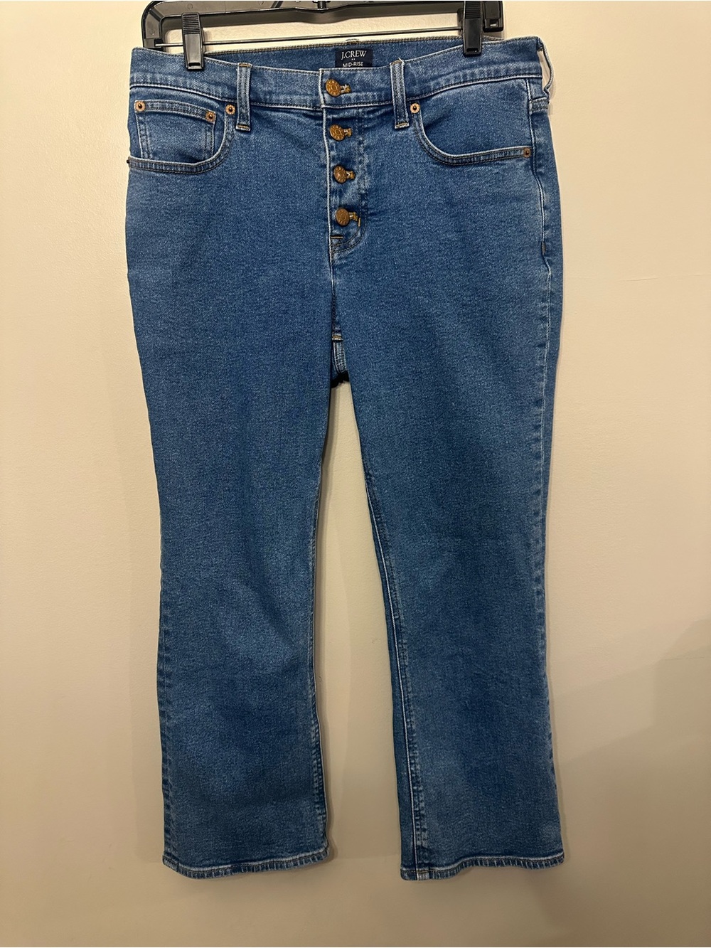 J.Crew Womens Jeans 29 Mid Rise Flare Crop Blue Button Fly Stretch Denim